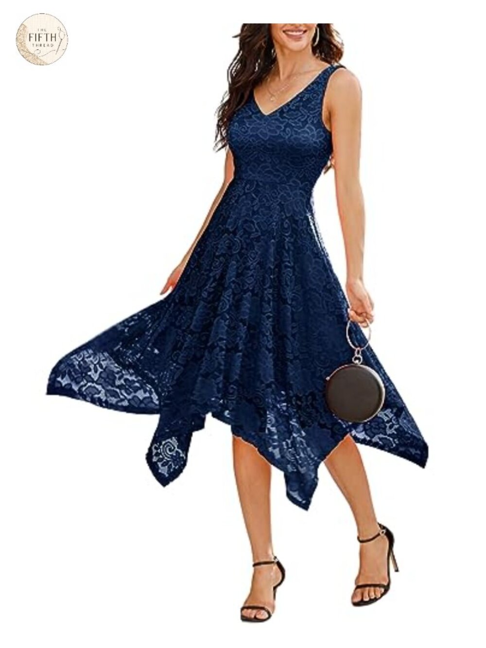 Lace Cocktail Dress V-Neck Sleeveless High Waist Midi A-Line Handkerchief Hem